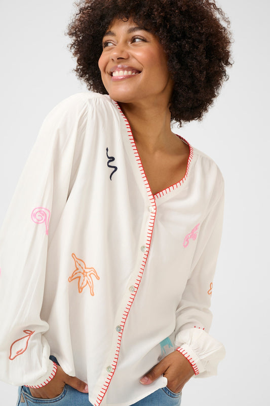 Cream blouse offwhite met kleurrijk borduursel model CRsivah marshmallow