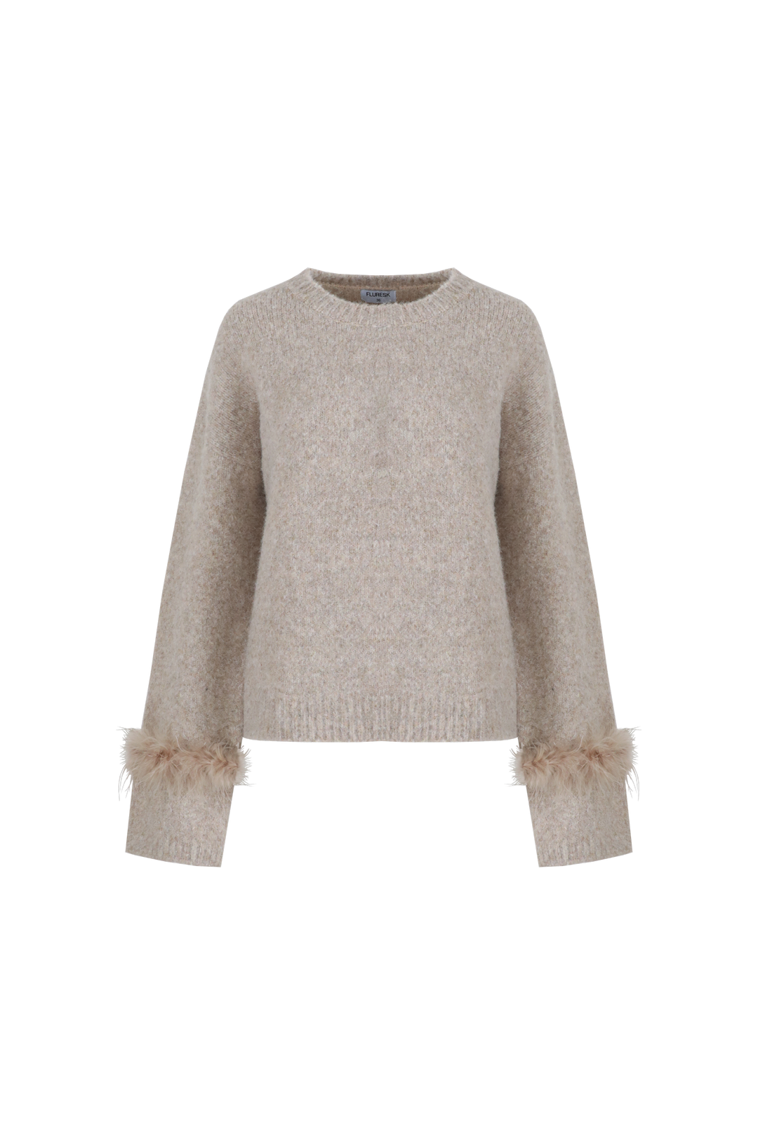Fluresk trui beige met veren aan mouw model Rielle knit sweater warm taupe