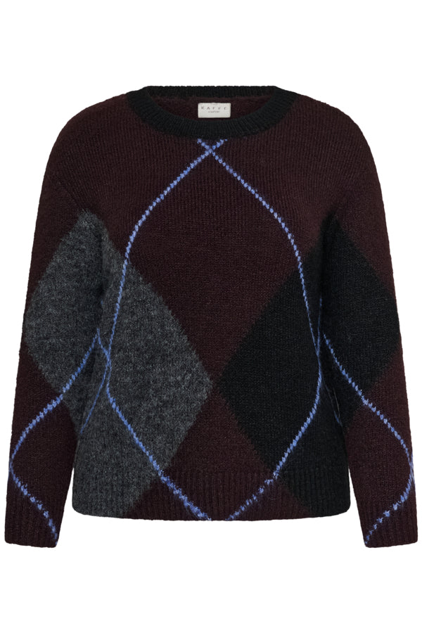 Kaffe Curve aubergine trui met zwart blauw KCkit Argyle Pullover met Wol
