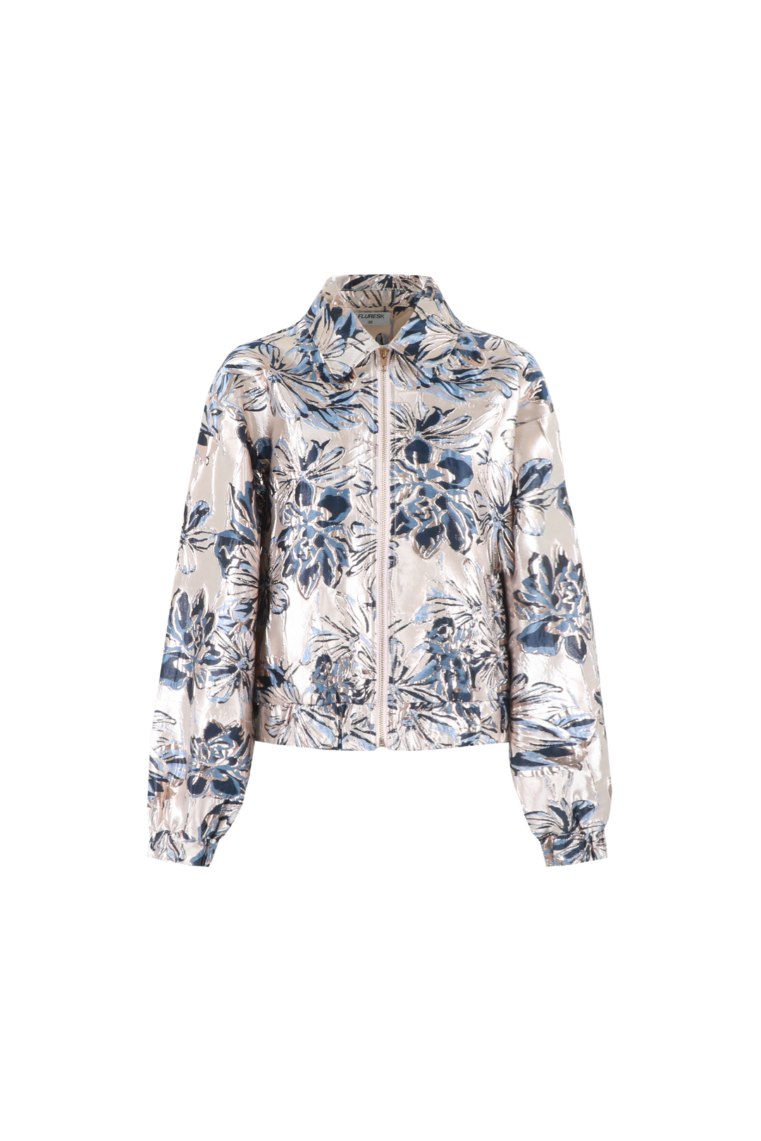 Fluresk bomber jasje goud met donker blauwe print model Shantel Jacket gold