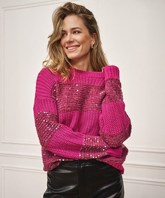 Esqualo paarse trui met strepen pailletten oversized stripes sweater maroon