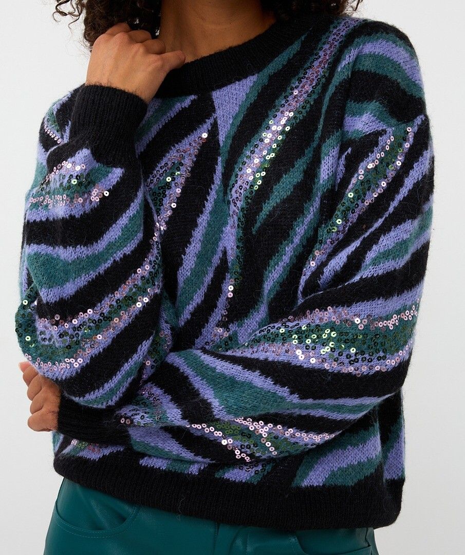 Esqualo trui lila petrol zwarte zebra print met pailetten detail model Sweater zebra multi W25.02720