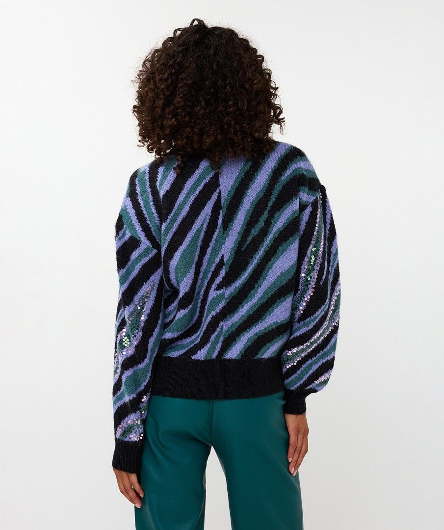 Esqualo trui lila petrol zwarte zebra print met pailetten detail model Sweater zebra multi W25.02720
