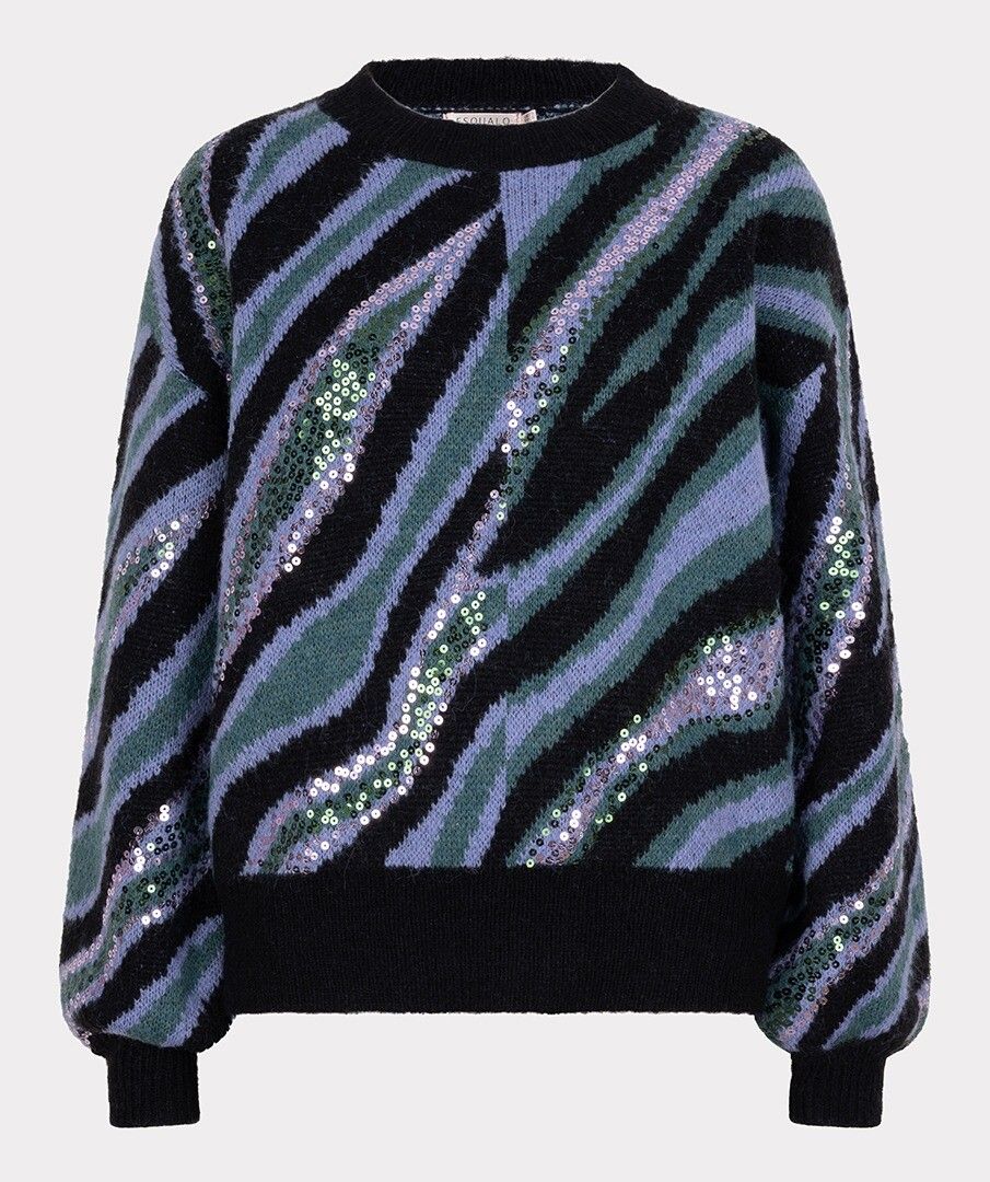 Esqualo trui lila petrol zwarte zebra print met pailetten detail model Sweater zebra multi W25.02720