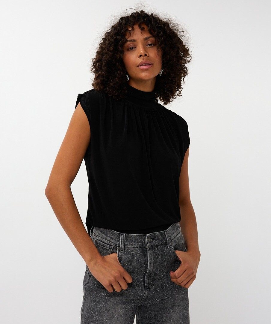 Esqualo top zwart met geplooide hals mouwloos model Col gathering black