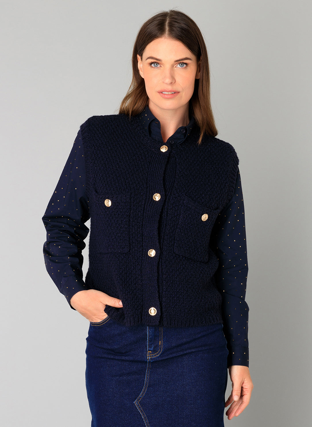 Yest spencer donkerblauw met knopen model Brenda dark navy