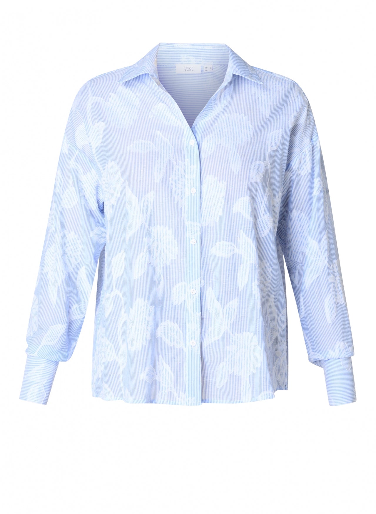 Yest blouse lichtblauw gestreept met bloem motief Ilona offwhite uniform blue