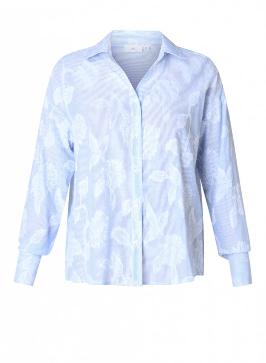Yest blouse lichtblauw gestreept met bloem motief Ilona offwhite uniform blue