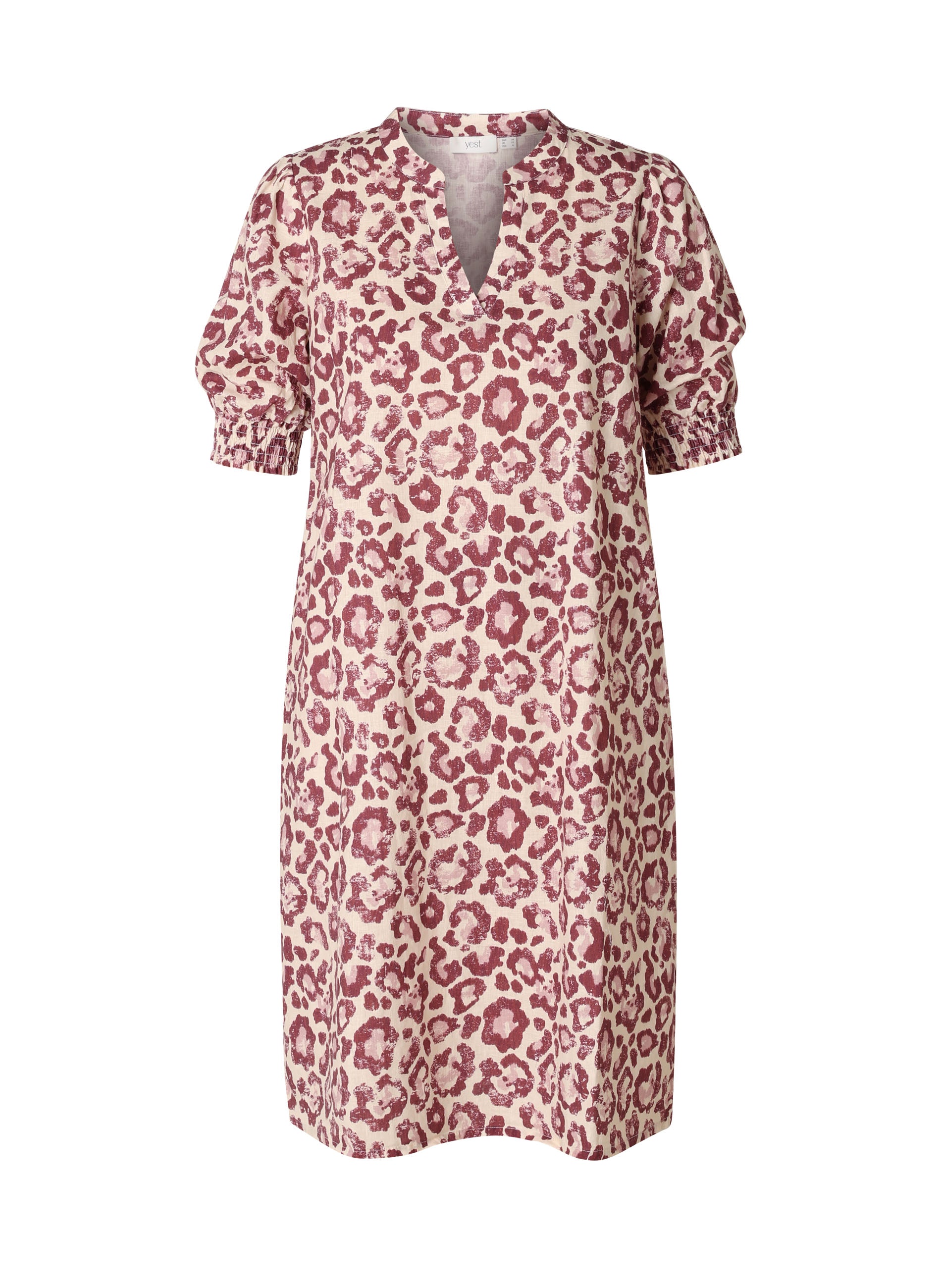 Yest jurk linnen viscose panter print plum offwhite model Kayla
