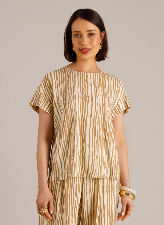 Yest blouse offwhite met zand kleur strepen print model Tomasina essential summer taupe