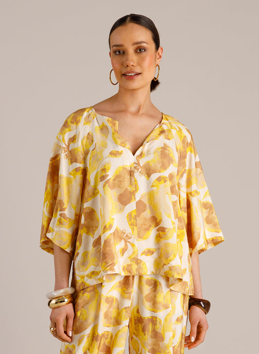 Yest blouse gele met zandkleurige offwhite print model Mylene Raffia 0006284