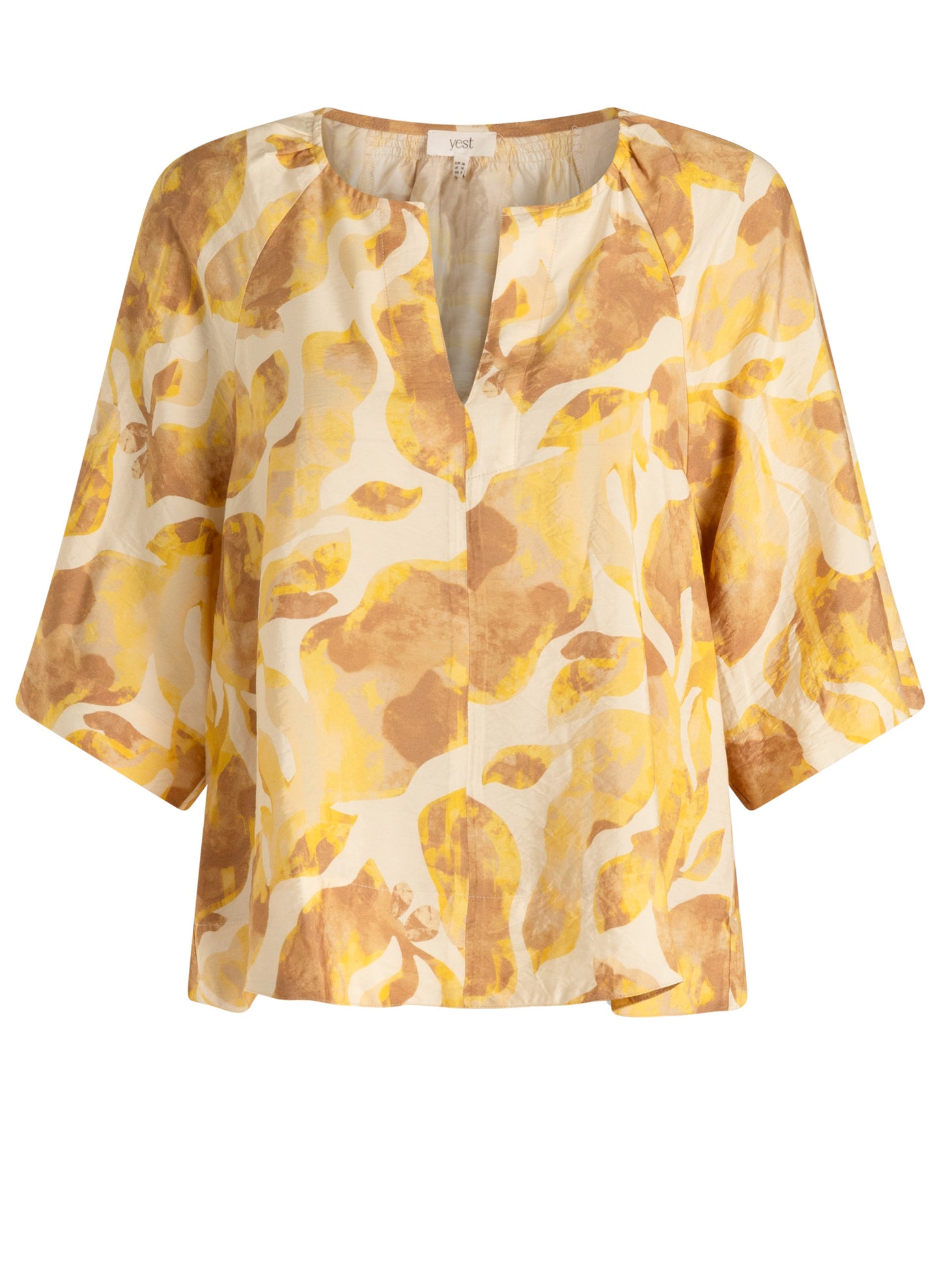 Yest blouse gele met zandkleurige offwhite print model Mylene Raffia 0006284