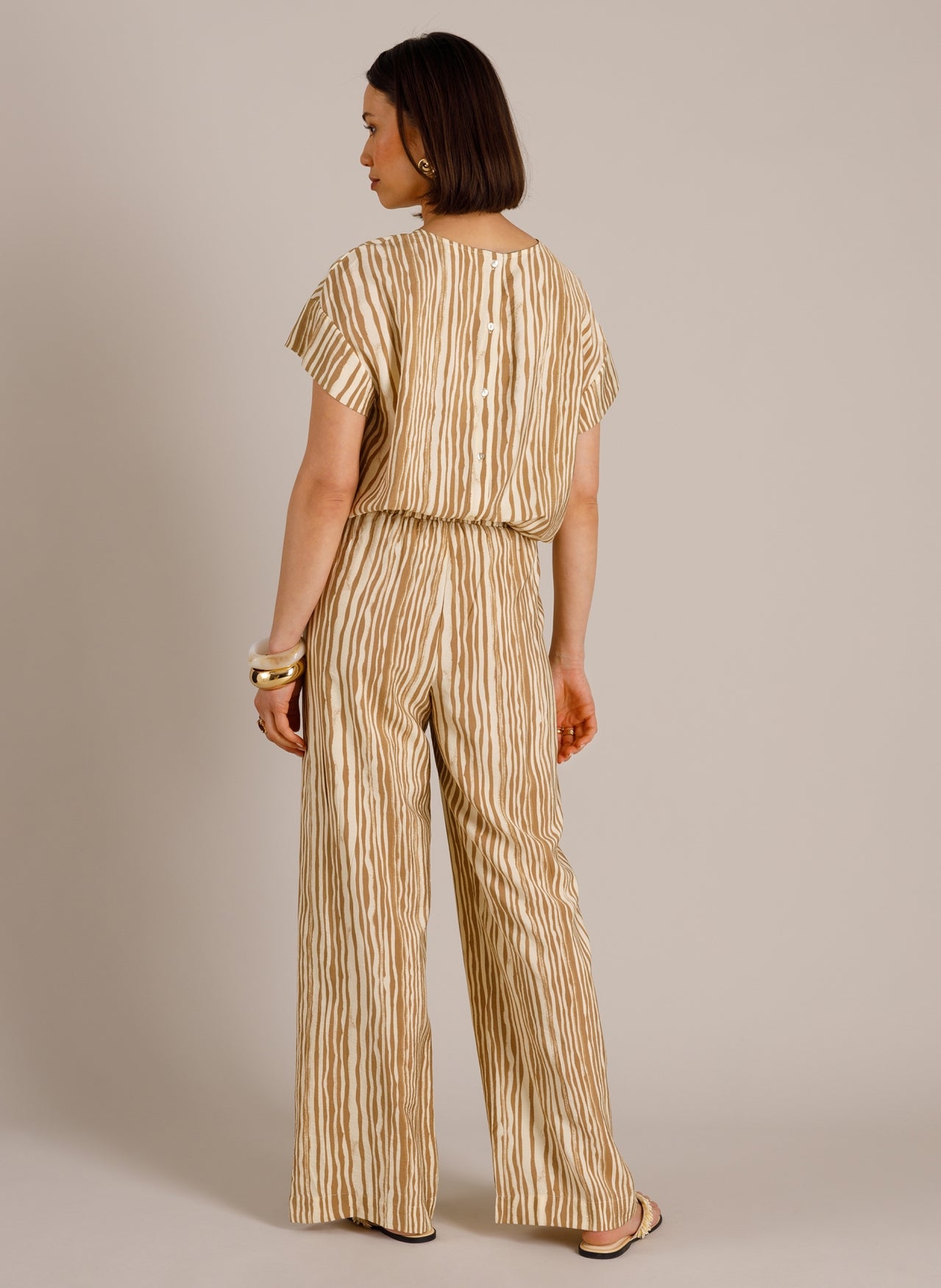 Yest broek strepen print offwhite zandkleur model Meline summer Taupe 0006286