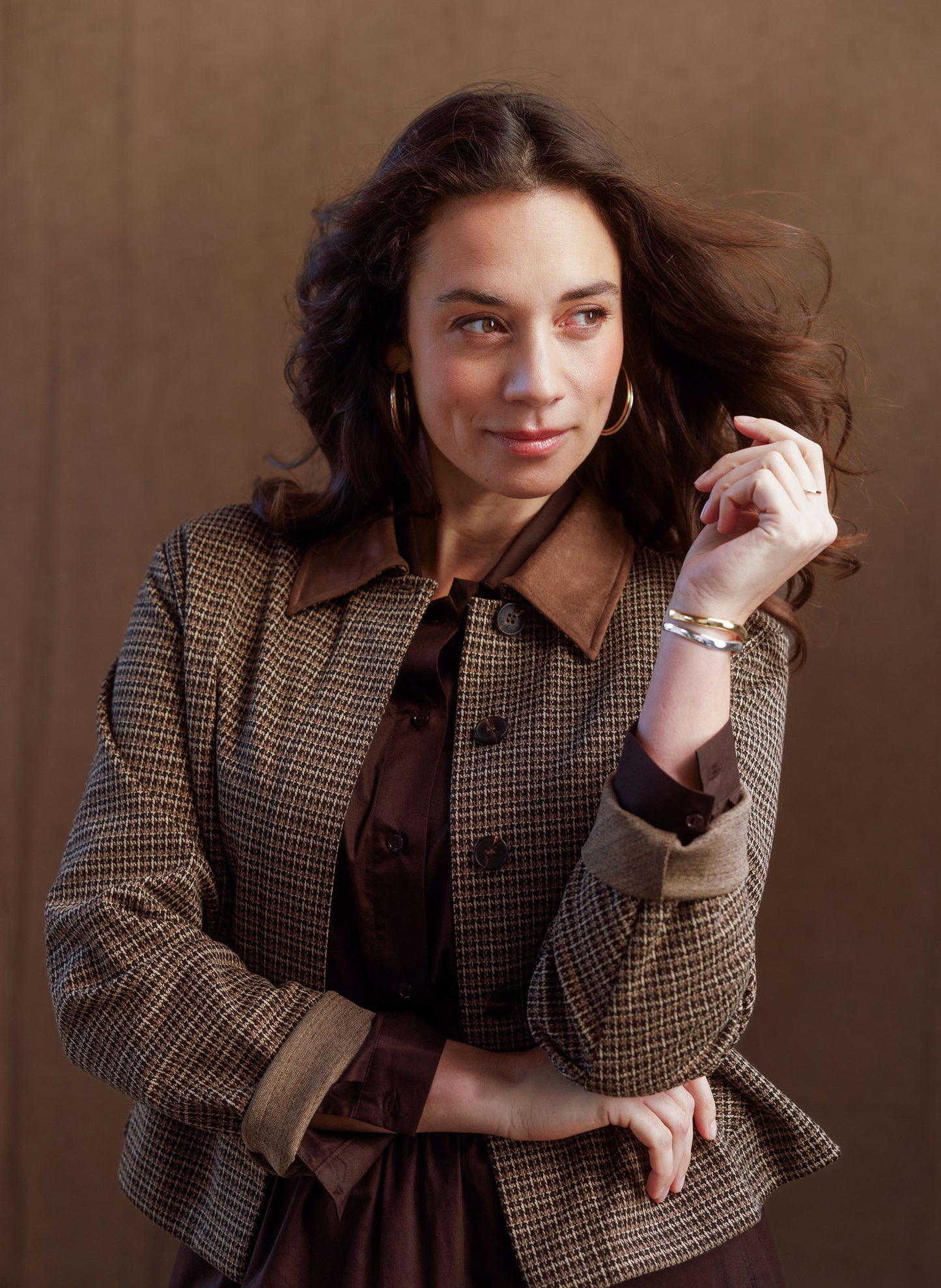 Yest jasje bruine ruit met suede look kraagje model Sibel Mocca Brown
