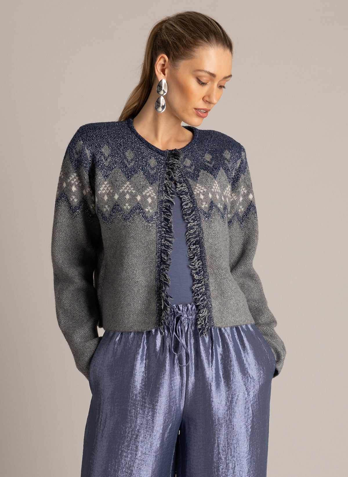 Yest vest grijs met blauw en lurex model Ulrike Dark Blue/Mid Grey