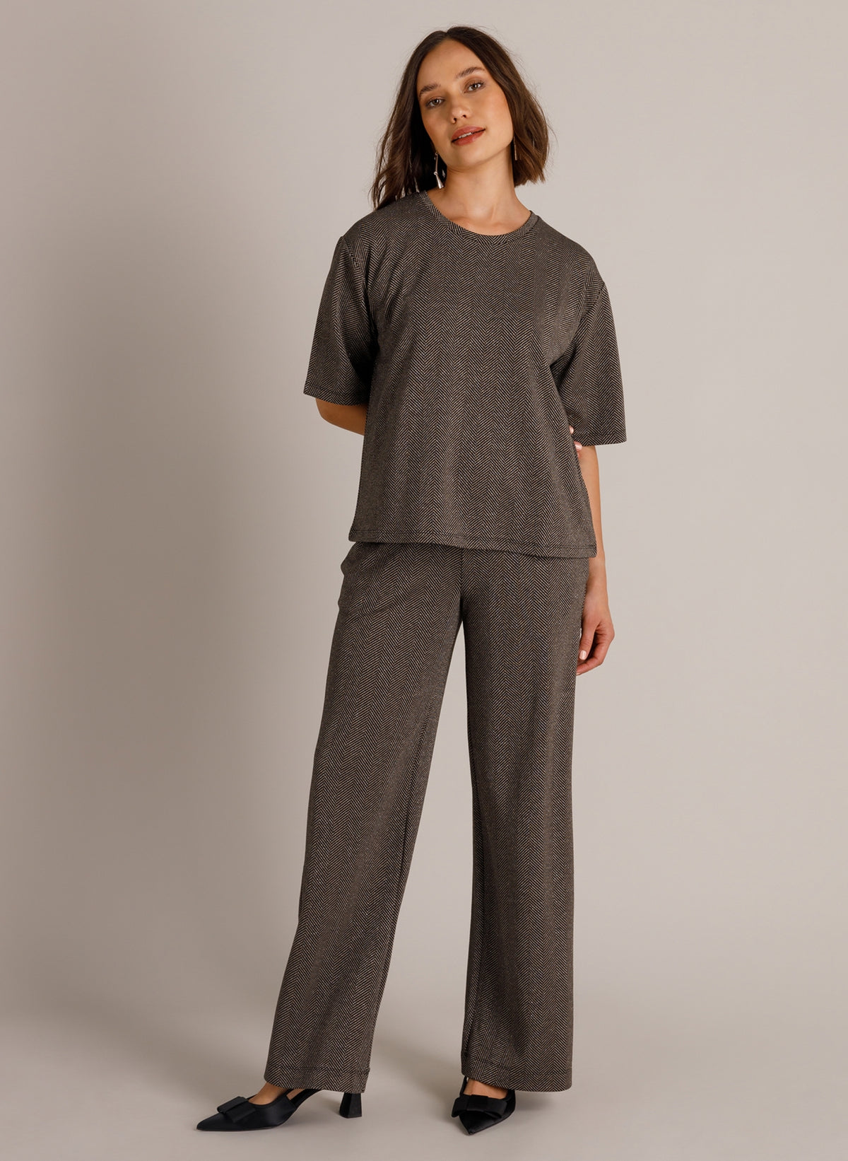 Yest shirt zwart met grijze visgraat print en lurex model Winta black taupe grey glitter 0006653