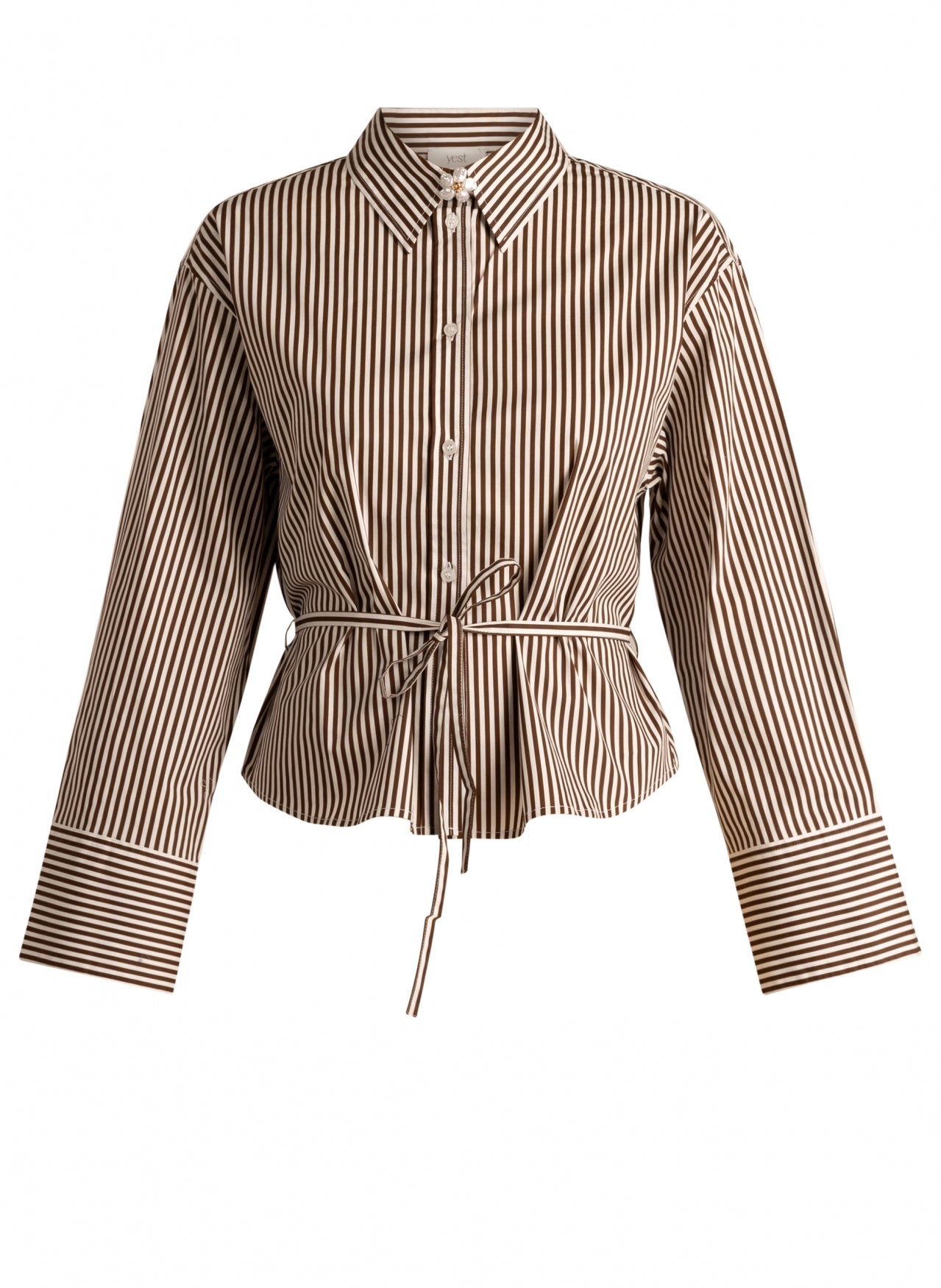 Yest strepen blouse donker bruin met off white model Sona mocca brown