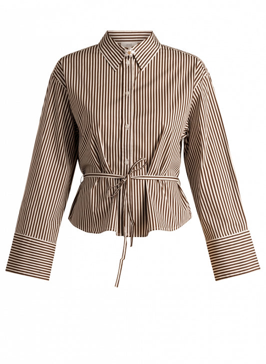 Yest strepen blouse donker bruin met off white model Sona mocca brown