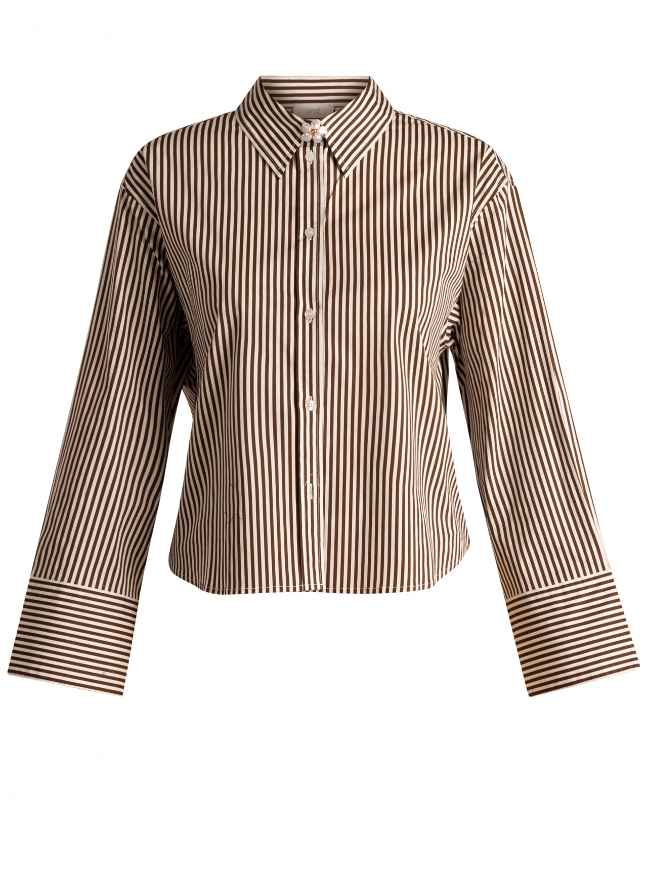 Yest strepen blouse donker bruin met off white model Sona mocca brown
