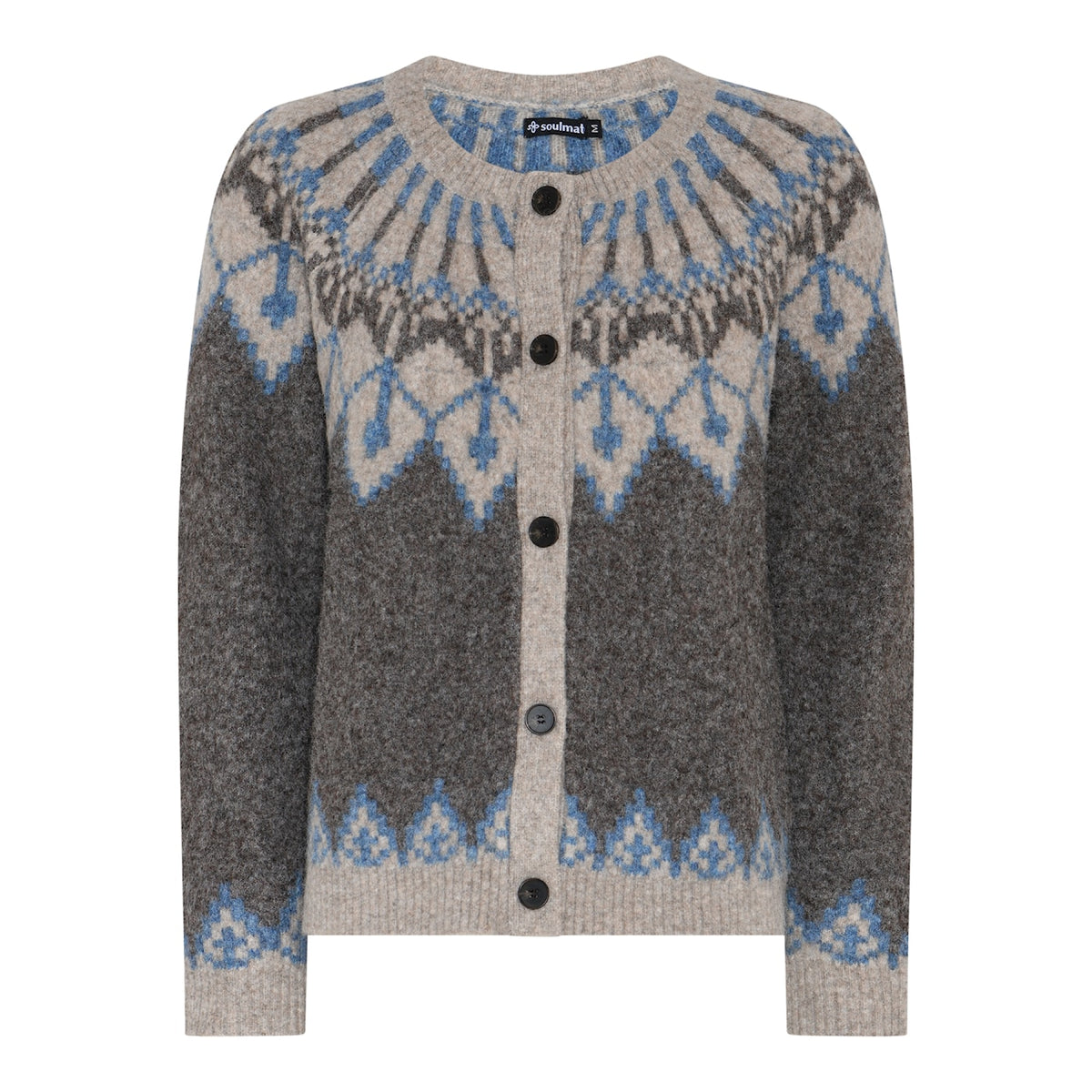 Soulmate vest grijs blauw beige print model Klara faded denim