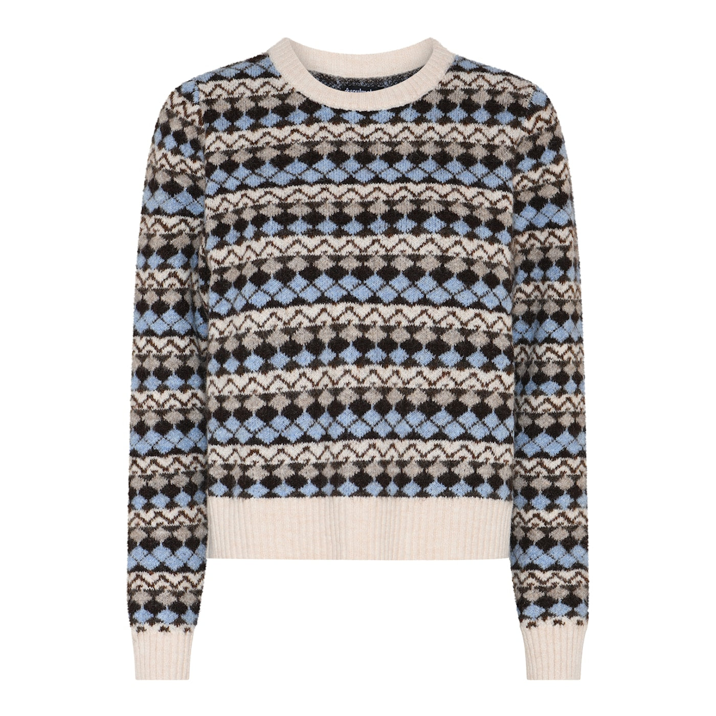 Soulmate trui blauw beige print model Hilly faded denim blue 10320