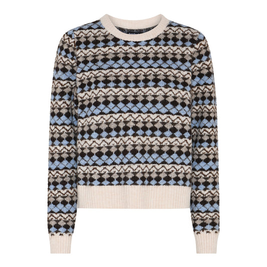 Soulmate trui blauw beige print model Hilly faded denim blue 10320