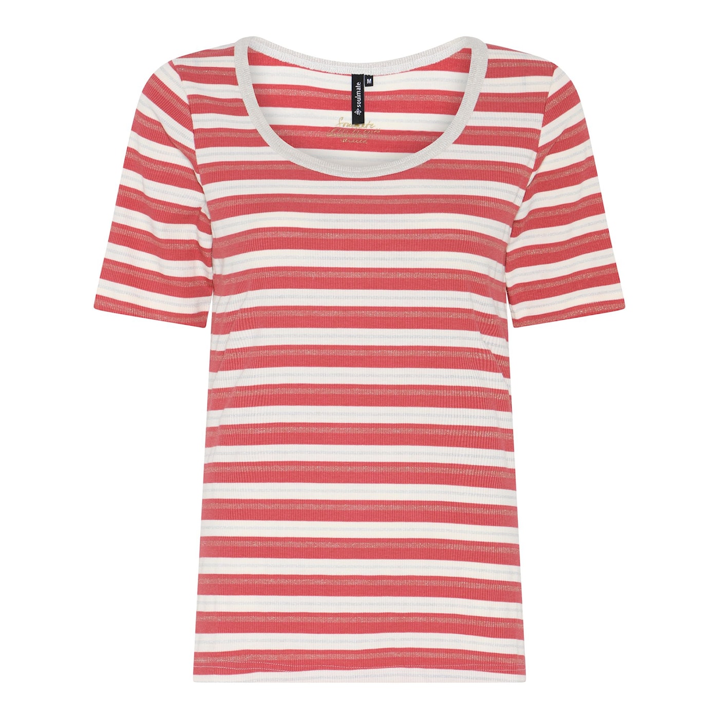 Soulmate T-shirt gestreept koraal met offwhite lurex draad model Billie 2