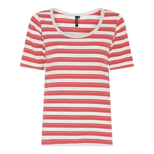 Soulmate T-shirt gestreept koraal met offwhite lurex draad model Billie 2