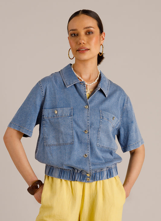 Yest blauw blouse jasje korte mouw model Kamil bleach blue denim 0006150