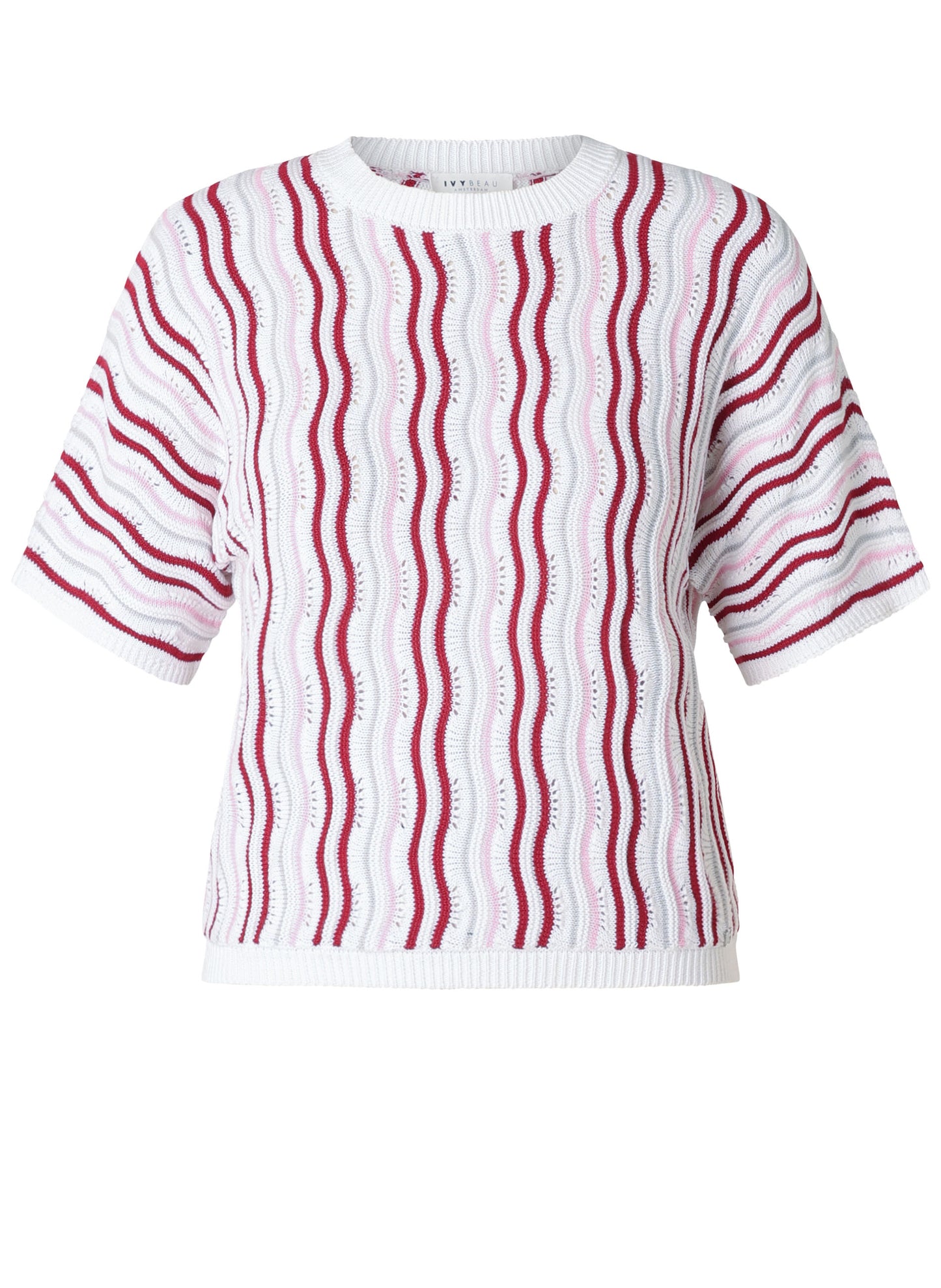 Ivy Beau trui korte mouw wit met roze en rood gestreept model Giorgia white multi