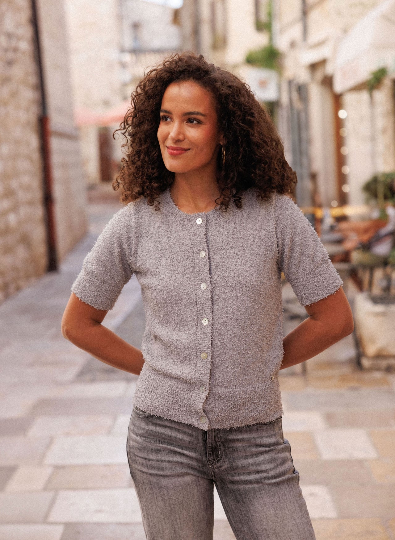Ivy Beau vest grijs harig korte mouw model Glena grey