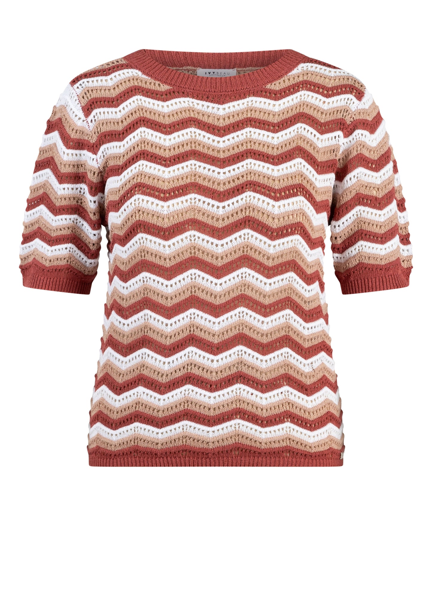 Ivy Beau trui korte mouw zigzag roest rood met offwhite model Djuna barn red multi