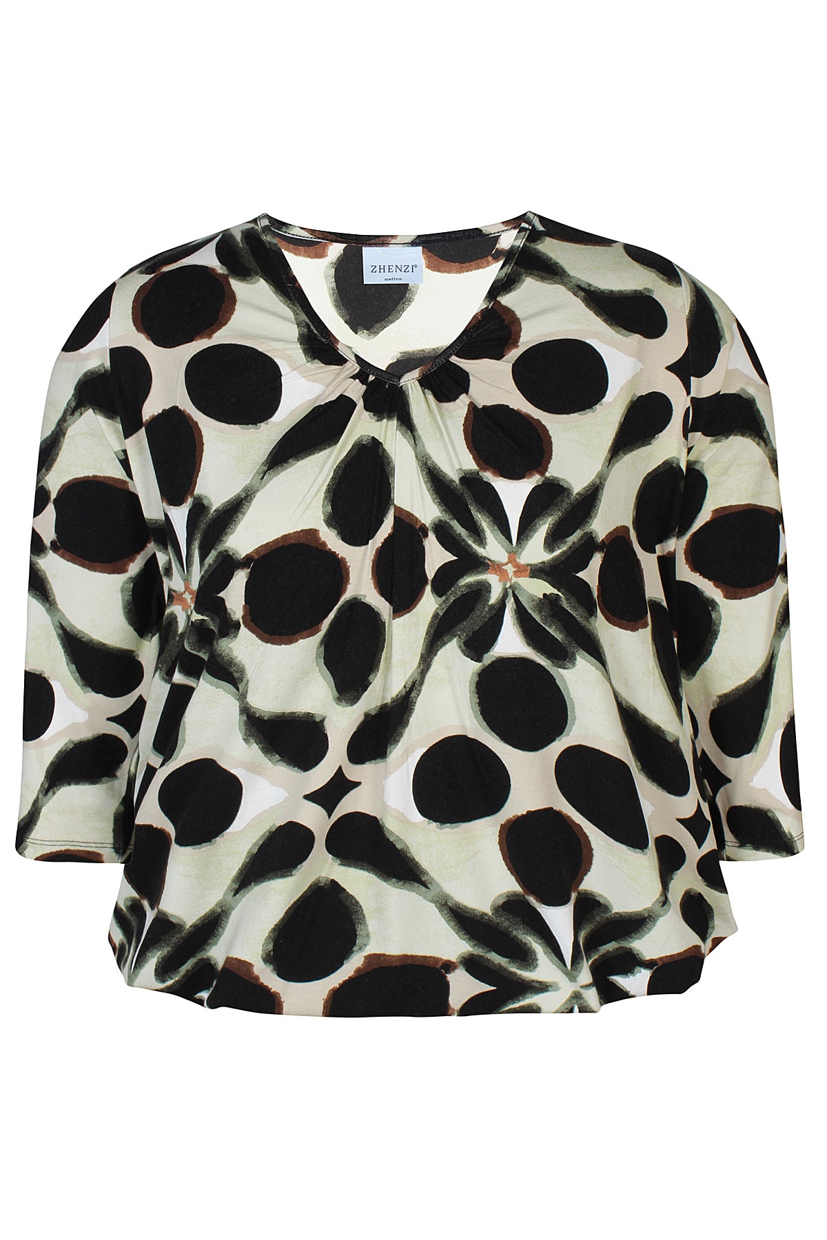 Zhenzi blouse beige met groen en zwarte print model Octa 200905
