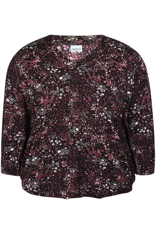 Zhenzi shirt zwart groen met bordeaux print model Sylva 201017