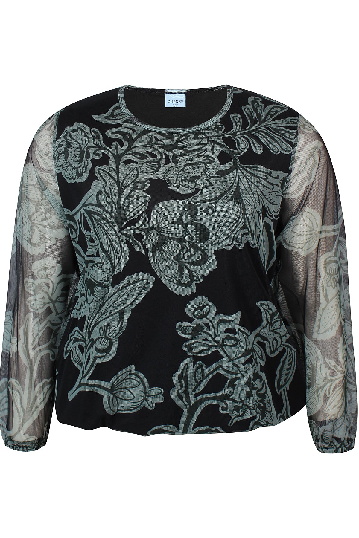 Zhenzi blouse driekwart mouw zwart met groene print model Adley 1173