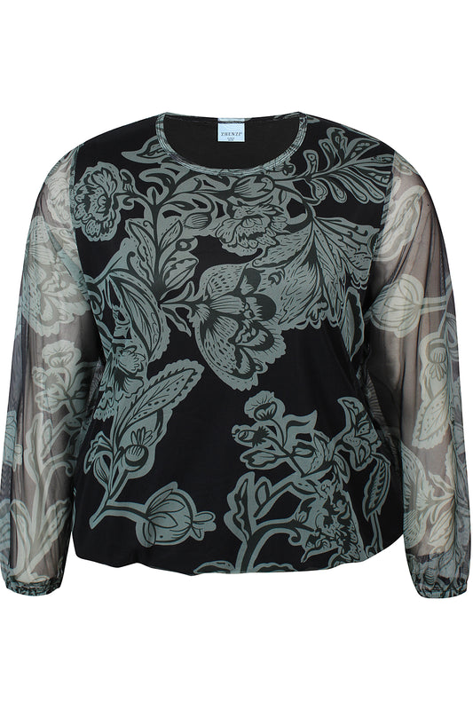 Zhenzi blouse driekwart mouw zwart met groene print model Adley 1173