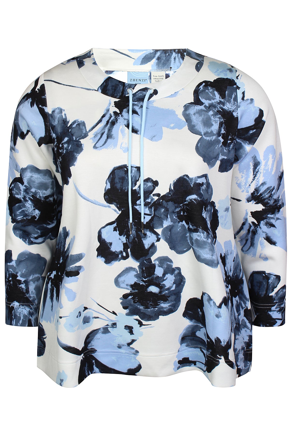 Zhenzi sweater driekwart mouw offwhite met blauwe print model Mya pullover 1185