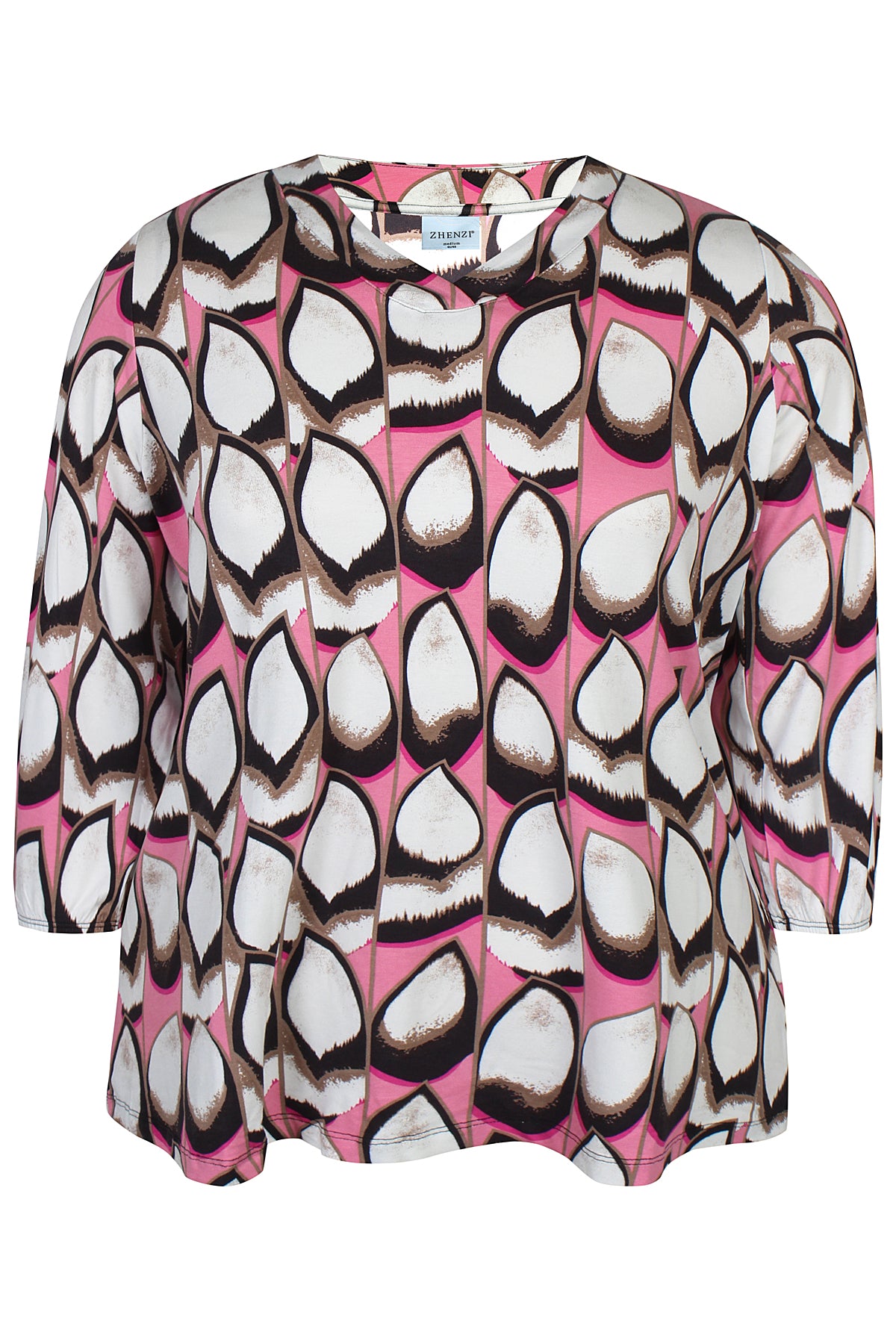 Zhenzi blouse driekwart mouw roze bruin beige print model Sylva 1260