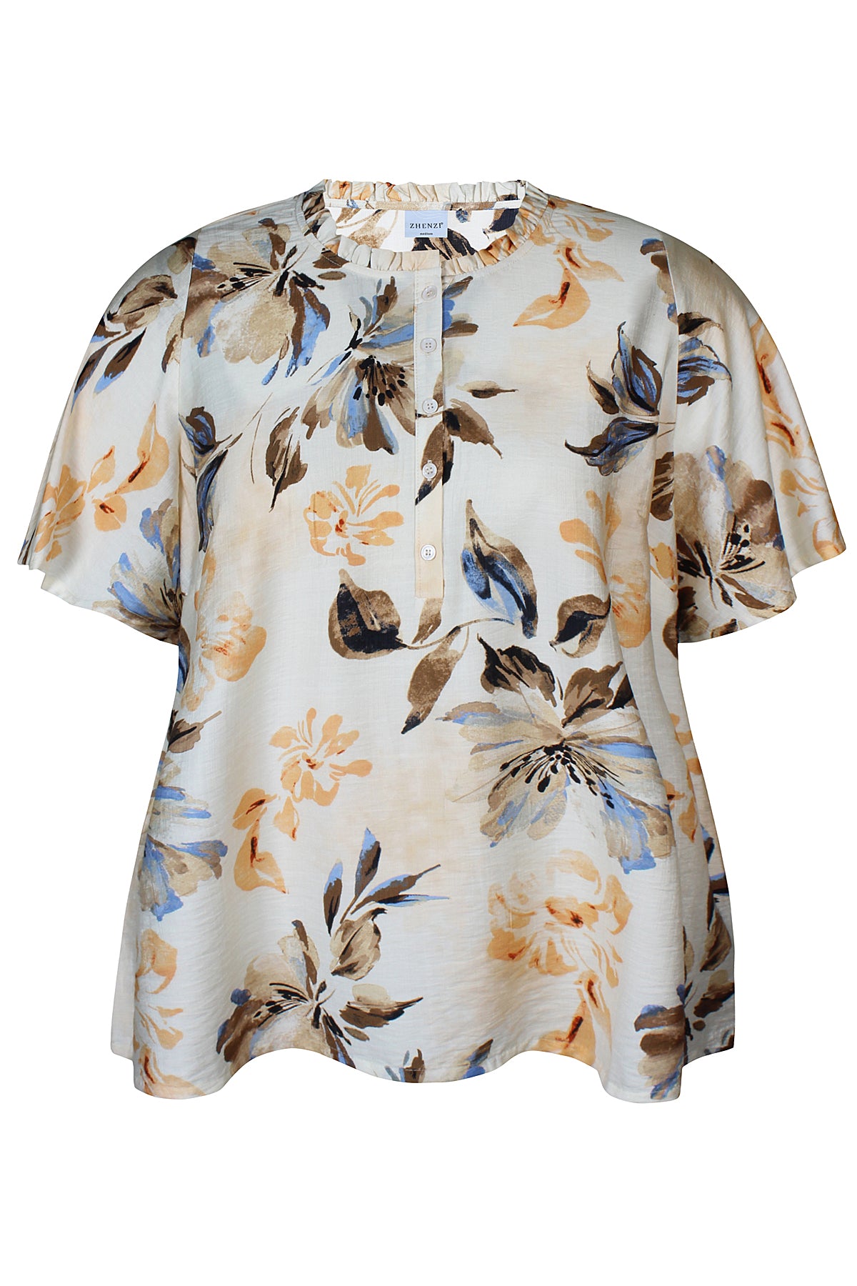 Zhenzi blouse zand kleur met blauw oranje en bruine print model Freya 201301