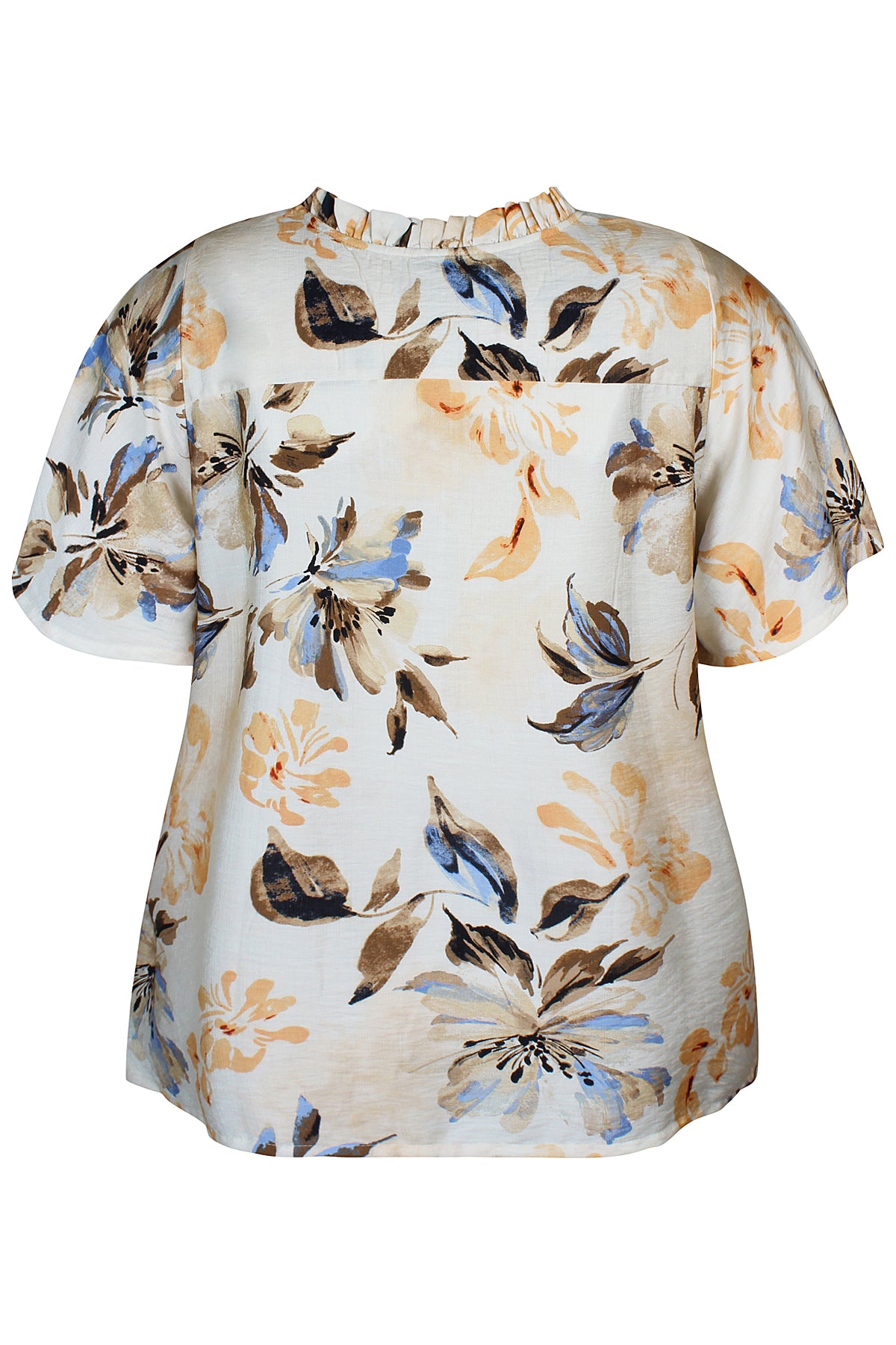 Zhenzi blouse zand kleur met blauw oranje en bruine print model Freya 201301
