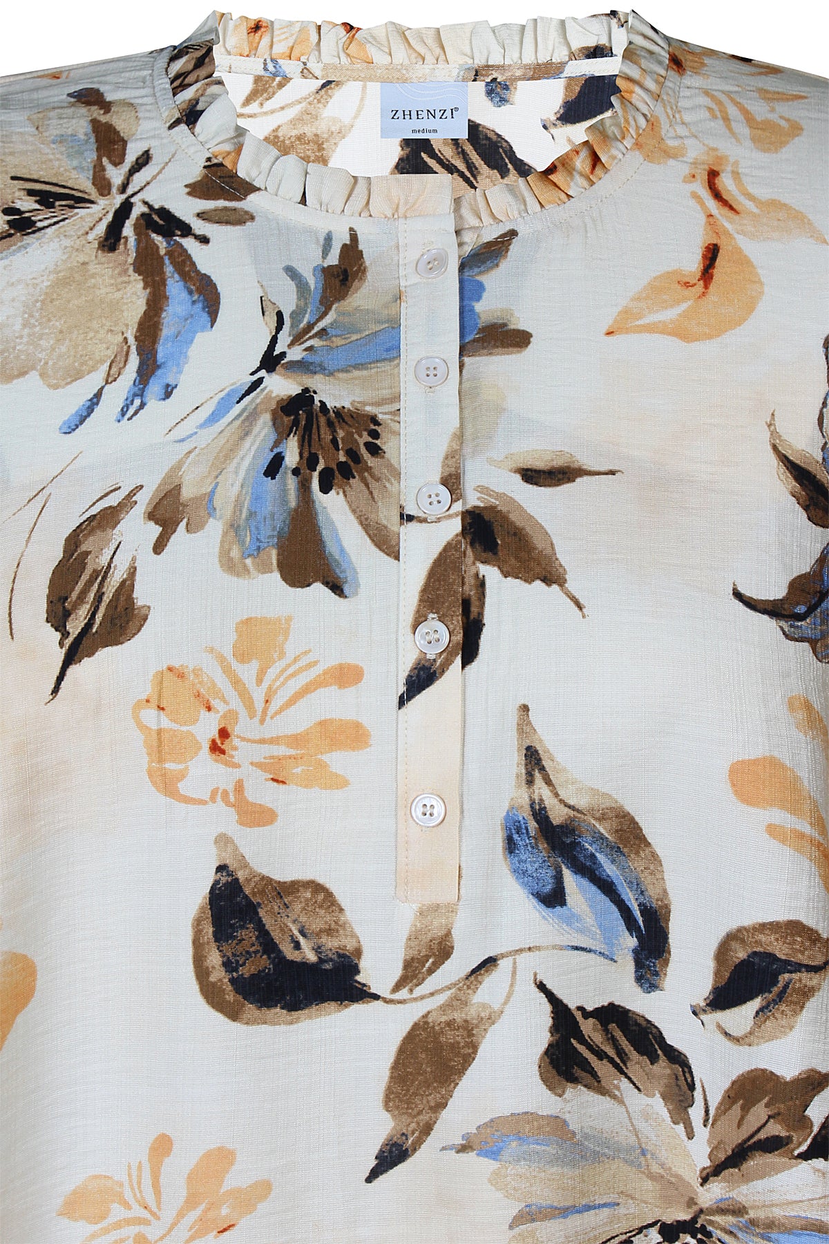 Zhenzi blouse zand kleur met blauw oranje en bruine print model Freya 201301