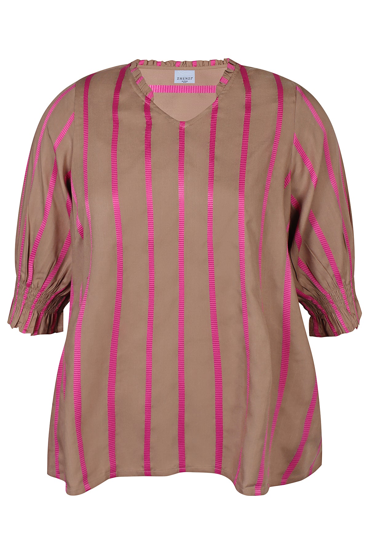 Zhenzi blouse camel met roze gestreept model Janis 1383