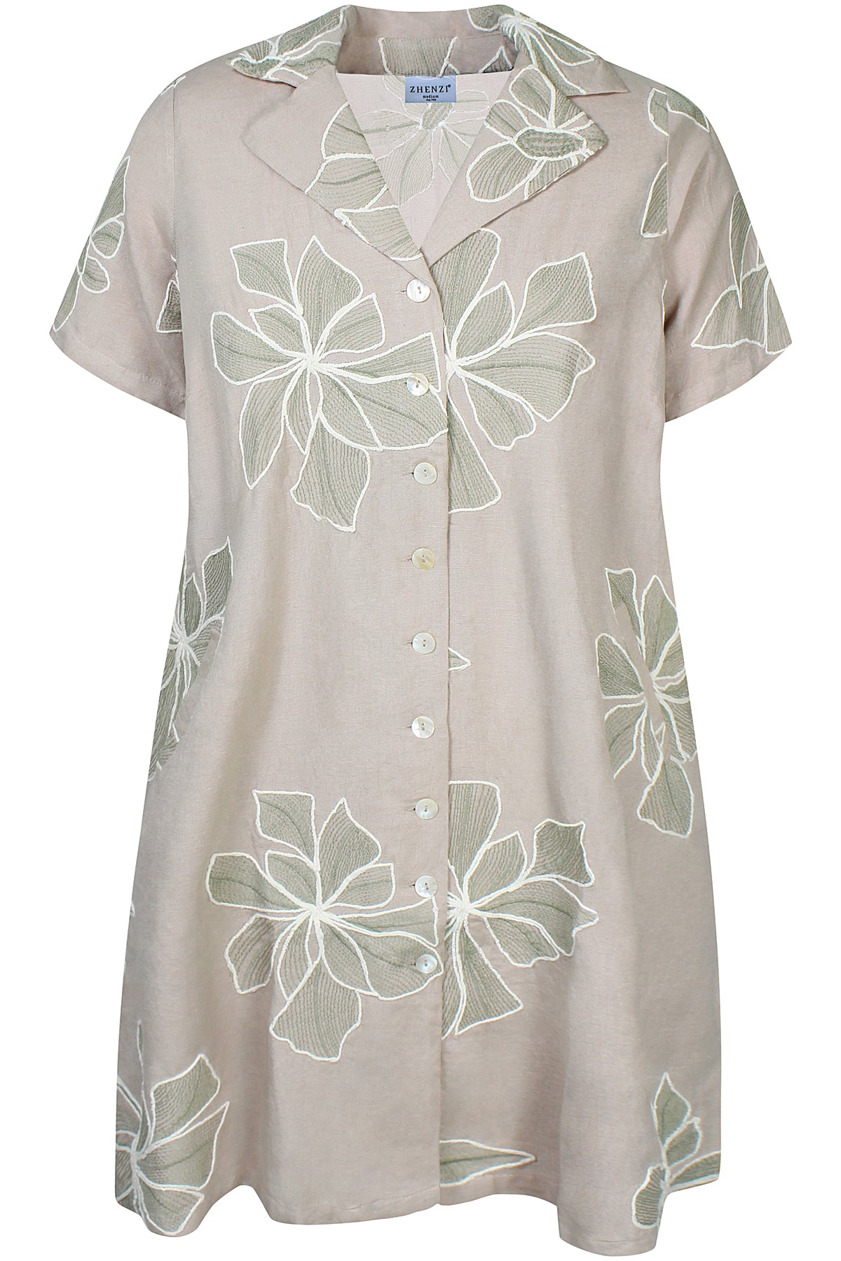 Zhenzi jurk zandkleur met groene bloemen borduursel model Junie 201417