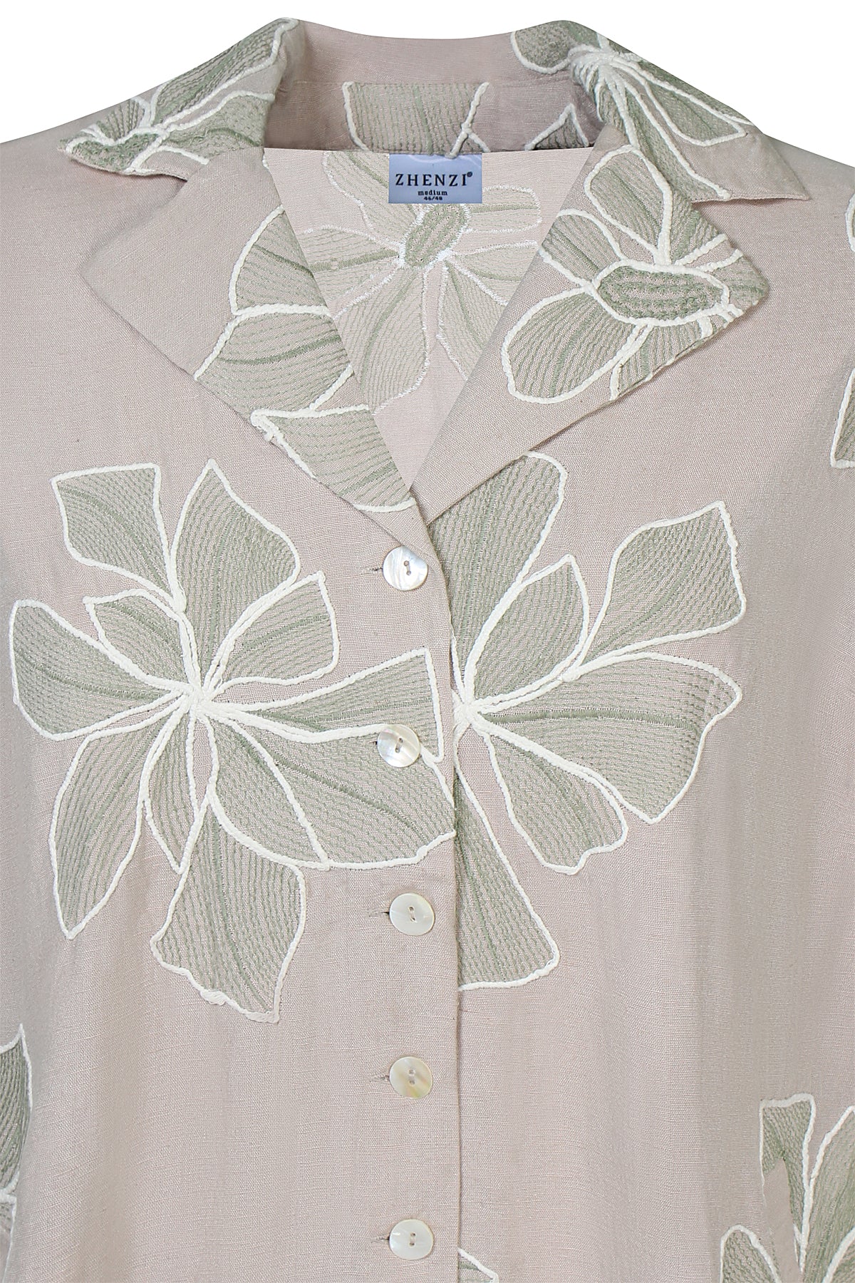 Zhenzi jurk zandkleur met groene bloemen borduursel model Junie 201417