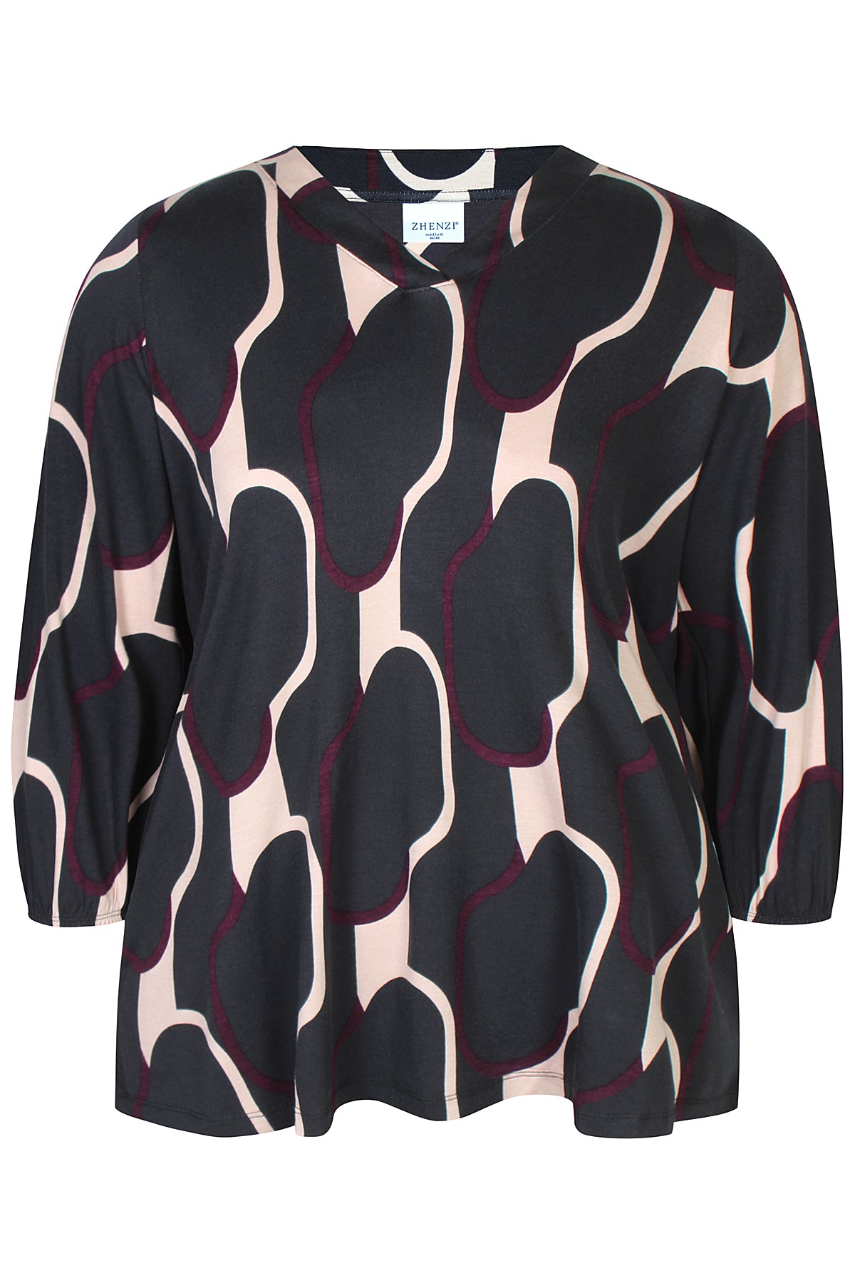 Zhenzi blouse zwart met bordeaux print model Sylva Fig 1432
