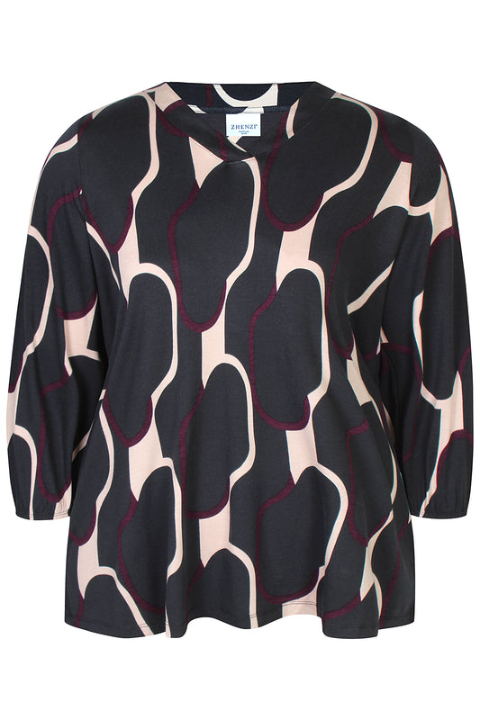 Zhenzi blouse zwart met bordeaux print model Sylva Fig 1432