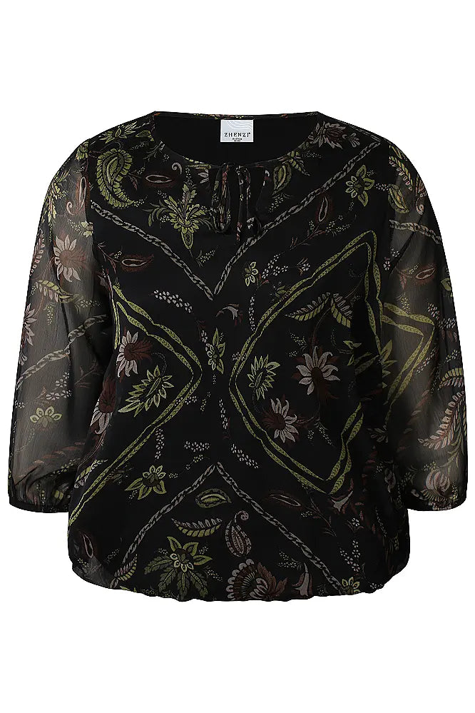 Zhenzi blouse zwart met groene print driekwart mouw model Keara 201446