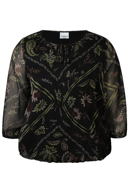Zhenzi blouse zwart met groene print driekwart mouw model Keara 201446
