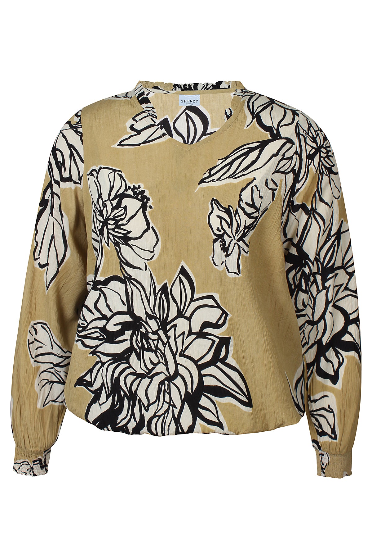 Zhenzi blouse olijf groen met zwarte print model Kesha 201457