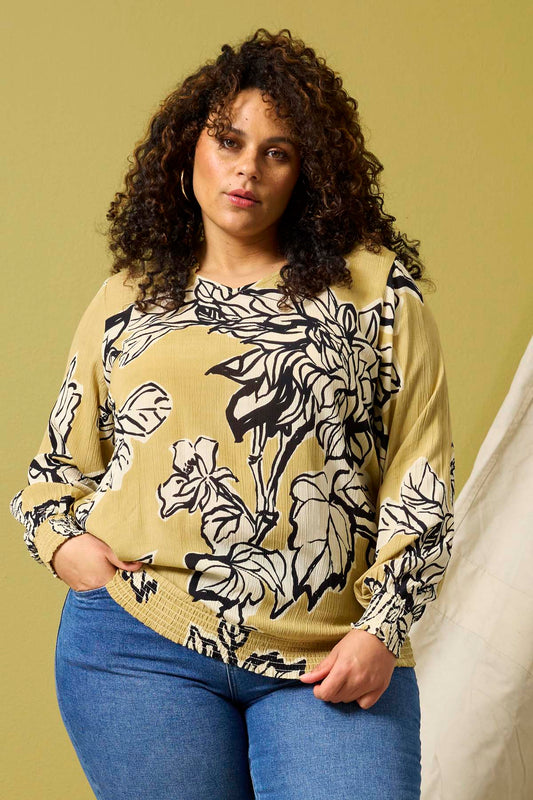 Zhenzi blouse olijf groen met zwarte print model Kesha 201457
